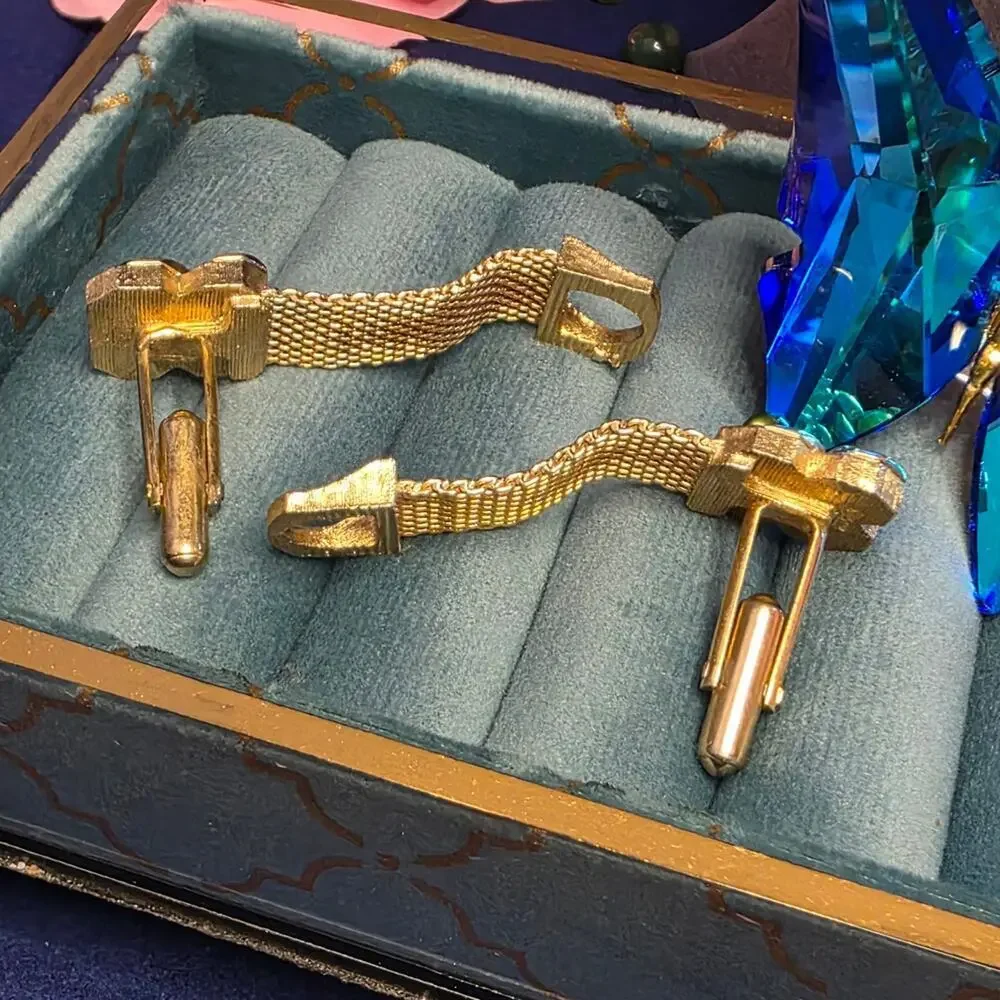 Vintage Swank Gold-Tone Mesh Cufflinks | Green & Amber Cabochon Retro 115